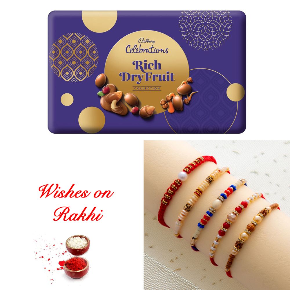 Set of 5 Sparkling Rakhis with Cadbury Rich Dryfruit Collection Set of 5 Sparkling Rakhis with Cadbury Rich Dryfruit Collection