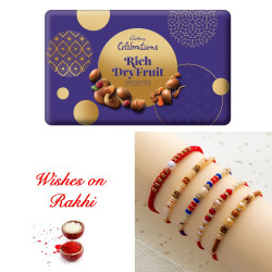 Set of 5 Sparkling Rakhis with Cadbury Rich Dryfruit Collection