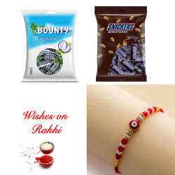 Festive Rakhi with Snickers and Bounty Miniatures Gift