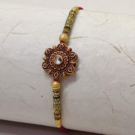 Metallic Floral Motif with AD and Pearls Rakhi