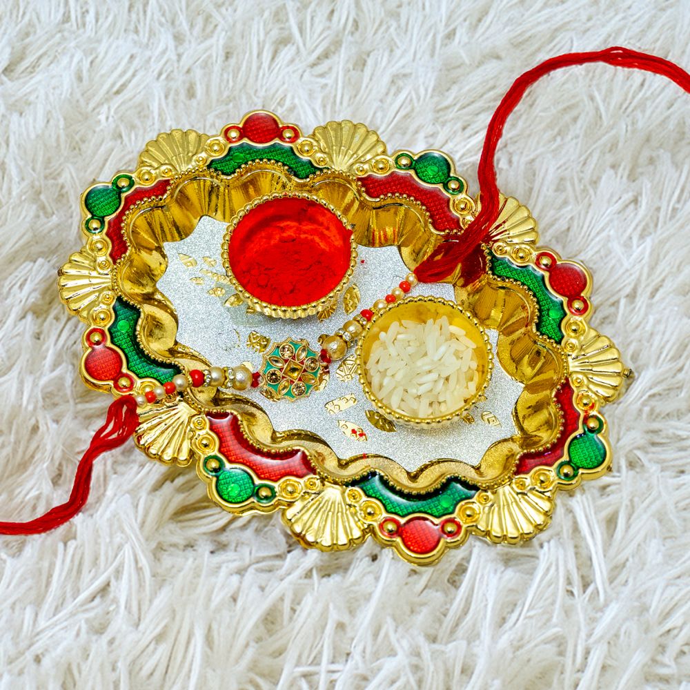 Rakhi with Floral Decorative Puja Thali Rakhi with Floral Decorative Puja Thali