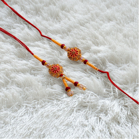 Red Bhaiya Bhabhi Rakhi Set with Beads Red Bhaiya Bhabhi Rakhi Set with Beads