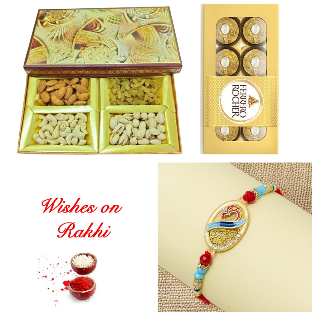 Regal Designer Rakhi with Assorted Dry Fruits and Ferrero Rocher Treats Regal Designer Rakhi with Assorted Dry Fruits and Ferrero Rocher Treats