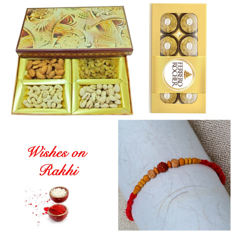 Regal Rudraksh Rakhi with Assorted Dry Fruits and Ferrero Rocher Treats