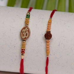 Set of 2 OM and Rudraksh with Wooden Beads Rakhis