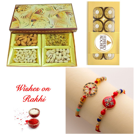 Set of 2 Rakhi with Assorted Dry Fruits and Ferrero Rocher Combo Set of 2 Rakhi with Assorted Dry Fruits and Ferrero Rocher Combo