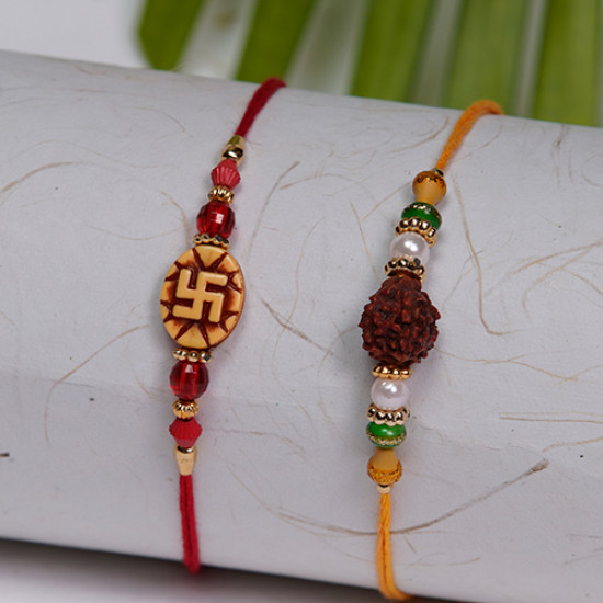 Set of 2 Swastik and Rudraksh with Wooden Beads Rakhis
