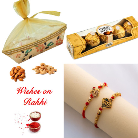 Set of 2 Traditional Rakhi with Dry Fruits and Ferrero Rocher Combo Set of 2 Traditional Rakhi with Dry Fruits and Ferrero Rocher Combo