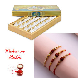 Set of 3 Rudraksh Rakhi and Kaju Katli Combo for Brother