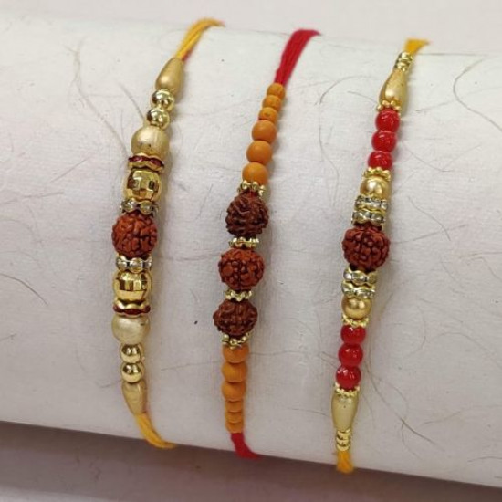 Set of 3 Rudraksha with Colorful Beads Work Rakhi