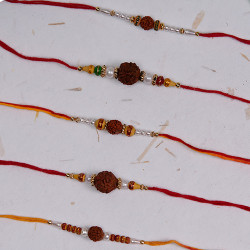 Set of 5 Rudraksh, Pearls and Beads Rakhis