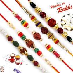 Set of 5 Yellow, Red and Green Beads Rudraksh Rakhi
