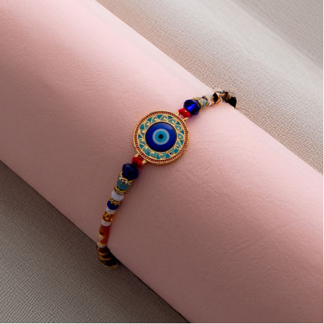 Sophisticated Evil Eye Enamel Rakhi with Colorful Beads