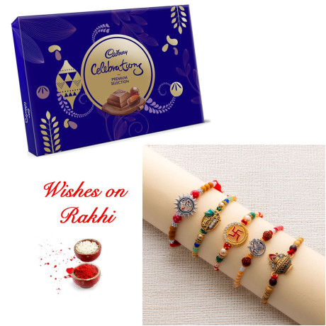 Splendid Set of 5 Rakhi and Cadbury Celebrations Premium Box Splendid Set of 5 Rakhi and Cadbury Celebrations Premium Box