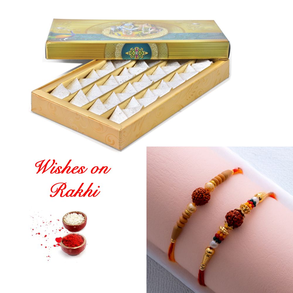 Stylish Set of 2 Rakhis and Kaju Katli Combo Pack Stylish Set of 2 Rakhis and Kaju Katli Combo Pack