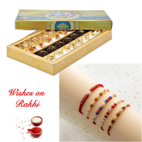 Stylish Set of 5 Rakhi with Kaju Mix Treats Stylish Set of 5 Rakhi with Kaju Mix Treats