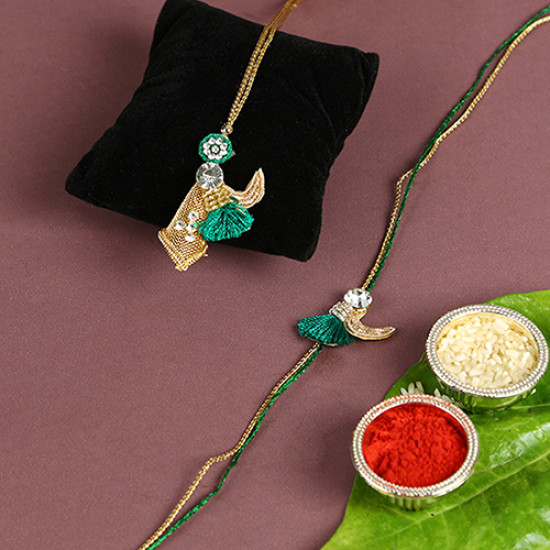 Traditional Pearl and Green Pom-pom Bhaiya Bhabhi Rakhi Set