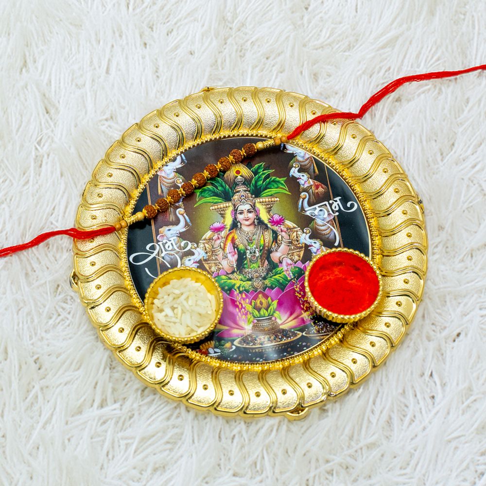 Traditional Rudraksh Rakhi with Elegant Puja Thali Traditional Rudraksh Rakhi with Elegant Puja Thali