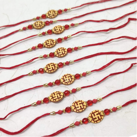 Traditional Set of 10 Swastik Rakhis with Red and Golden Beads