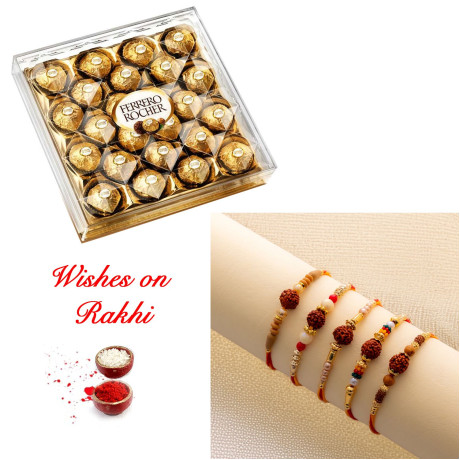 Unique Set of 5 Rakhis and 24 Pcs Ferrero Rocher Chocolates