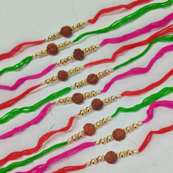 Vibrant Set of 10 Rakhis with Rudraksh and Golden Beads