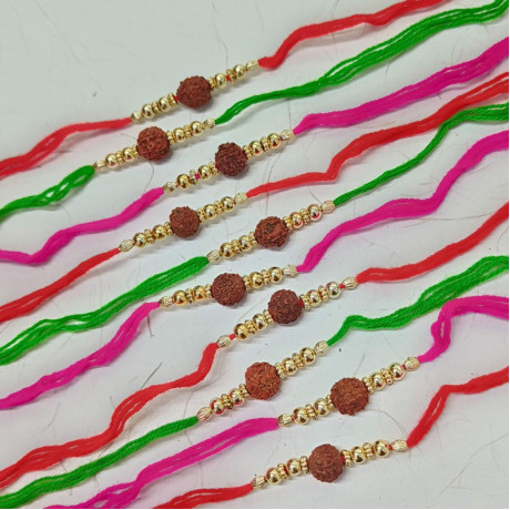 Vibrant Set of 10 Rakhis with Rudraksh and Golden Beads