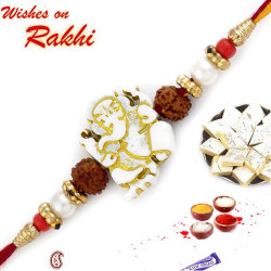 White and Golden Beads Ganesh Motif Rakhi