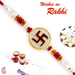 White Cylindrical Beads Studded Swastik Motif Rakhi