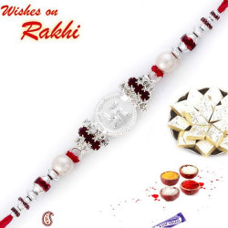 White Pearl and Beads Studded Swastik Motif Rakhi